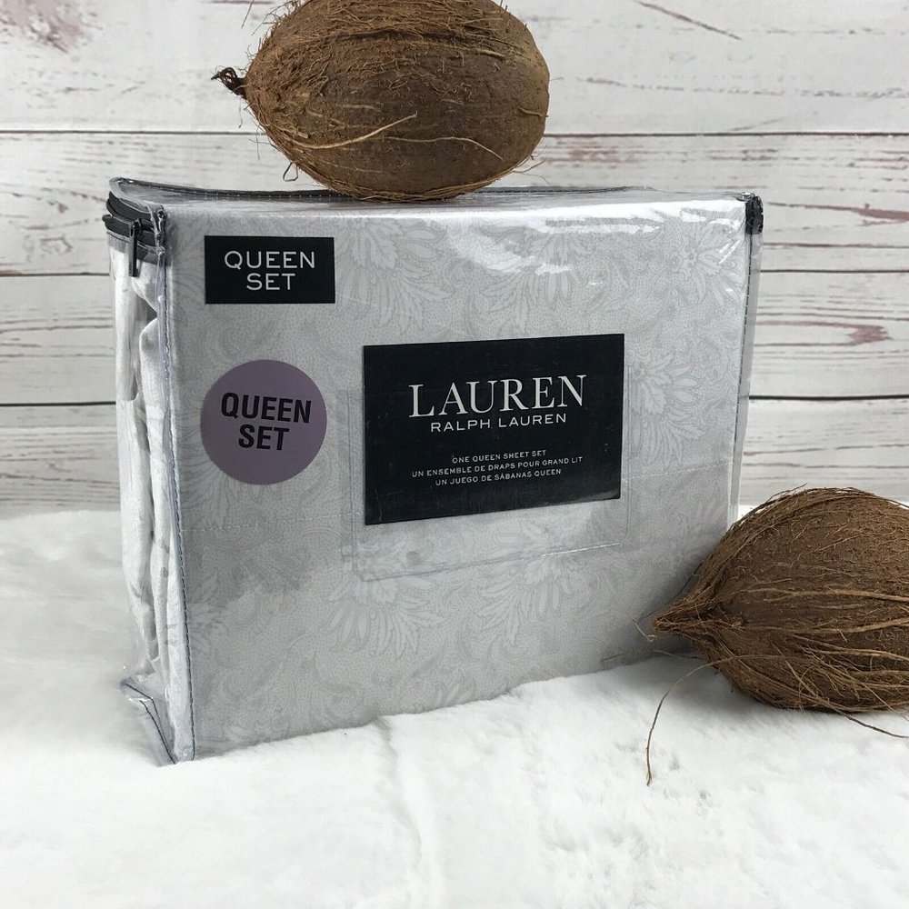 Lauren RALPH LAUREN (White/Pale Gray Floral) 100% Cotton QUEEN Sheet Set - Picture 3 of 5
